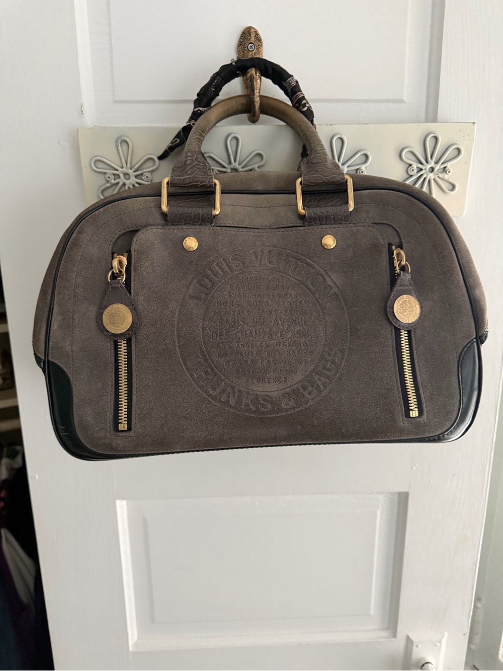 Louis Vuitton Taupe Suede Travel Satchel with Black Trim